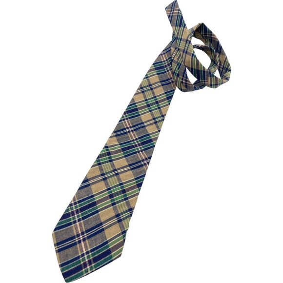 Lands' End Cotton Tie Green Blue Tartan Plaid - Picture 2 of 6
